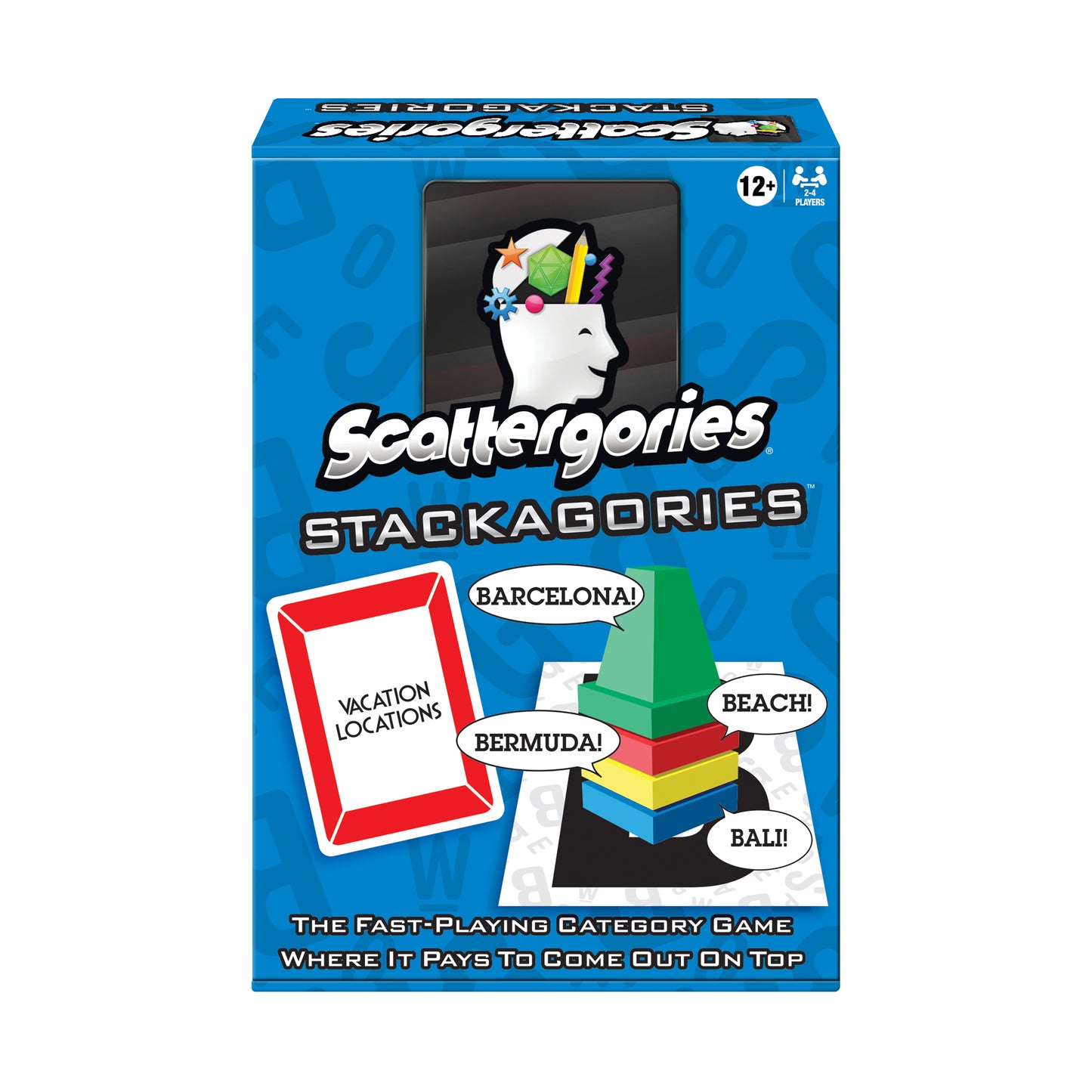 Scattergories Stackagories board game box featuring blue packaging with stacked colored blocks spelling out vacation locations like Barcelona, Bermuda, Beach, a