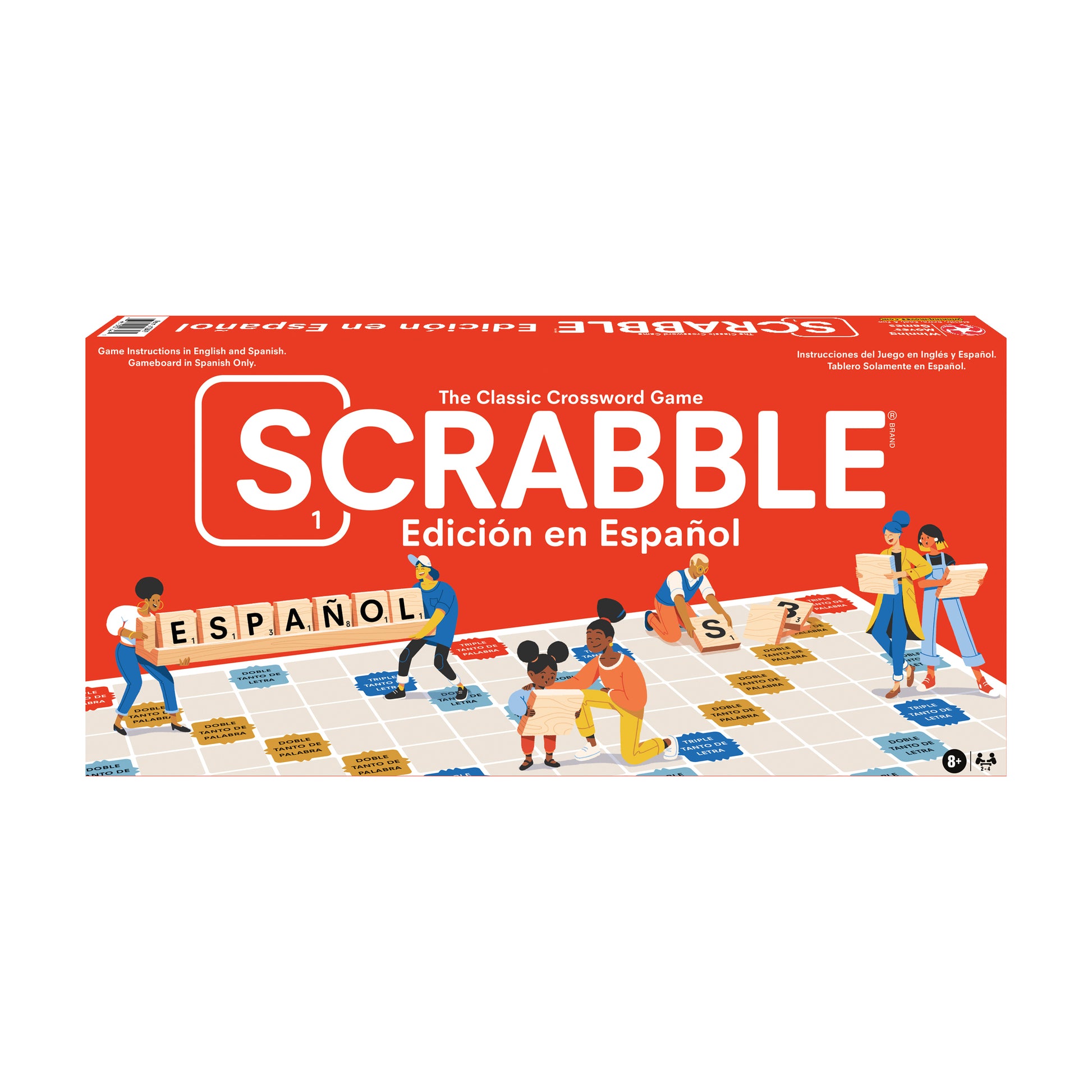 Scrabble Edición en Español board game box showing the classic crossword game title and illustrated children playing with letter tiles spelling ESPAÑOL on a gam