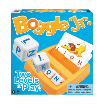 Boggle Jr. board game box showing letter dice, word cards with a lion illustration, and yellow game tray on blue background