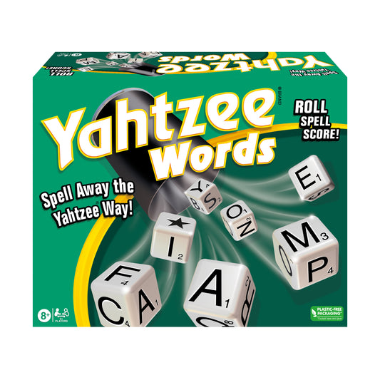 Yahtzee Words board game box with green background, white letter dice spelling out words, and yellow text reading "Roll Spell Score!"