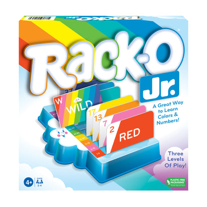 Rack-O Jr. board game box featuring colorful rainbow card display with numbered cards, Wild card, and red card labeled RED, designed to teach colors and numbers