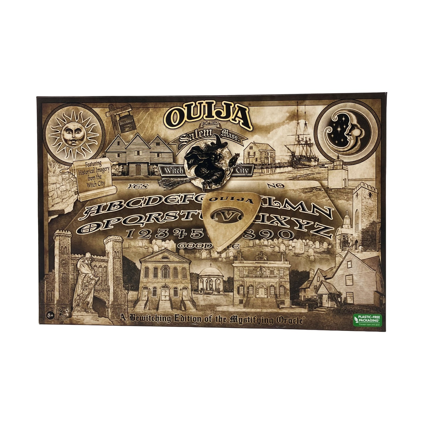 Ouija Board Salem Mass Witch City Edition featuring sepia-toned vintage imagery of historic Salem buildings, ships, sun and moon symbols, and mystical design el