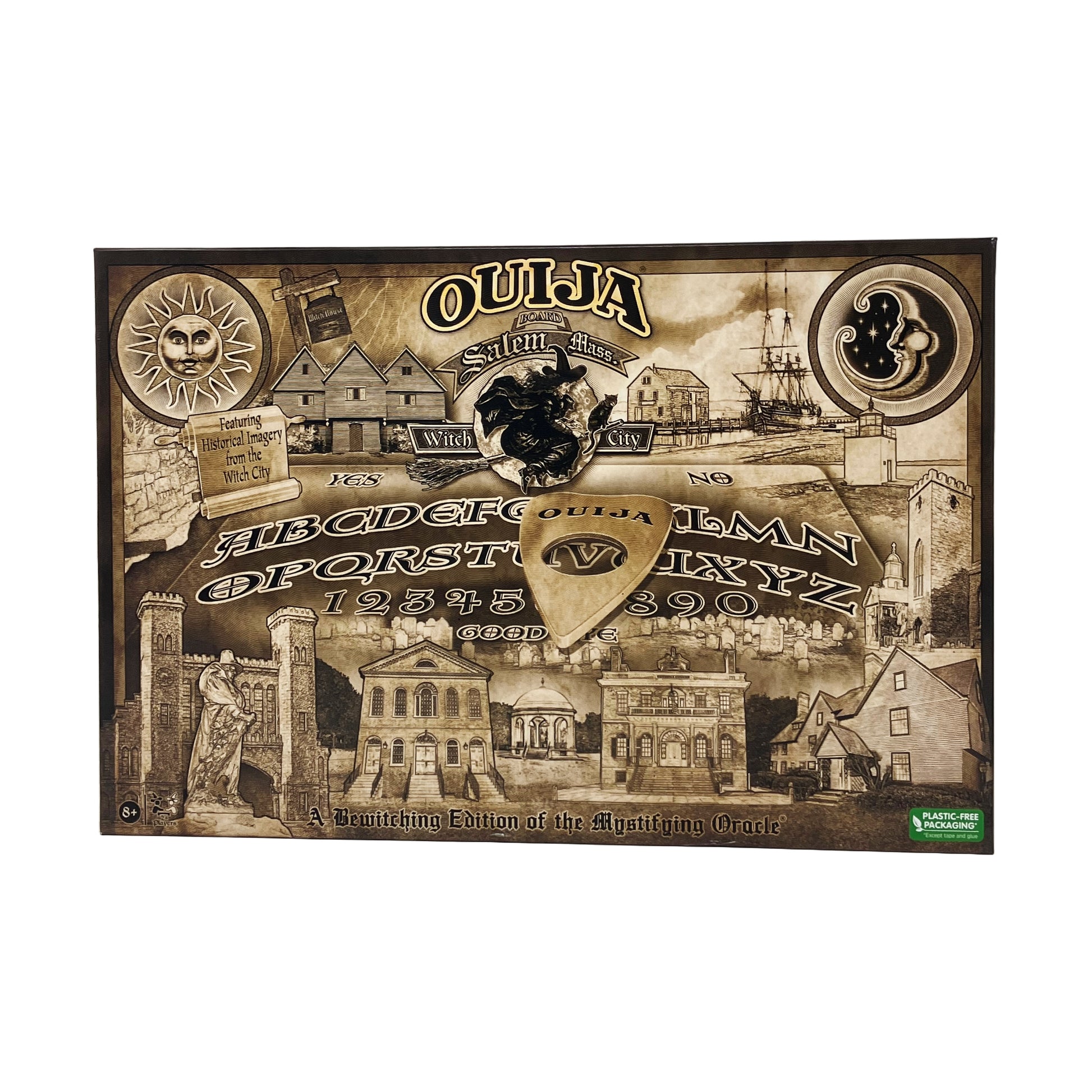 Ouija Board Salem Mass Witch City Edition featuring sepia-toned vintage imagery of historic Salem buildings, ships, sun and moon symbols, and mystical design el