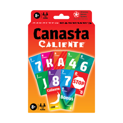 Canasta Caliente card game box showing colorful numbered and lettered cards with point values arranged in a fan pattern, for 2-6 players ages 8+