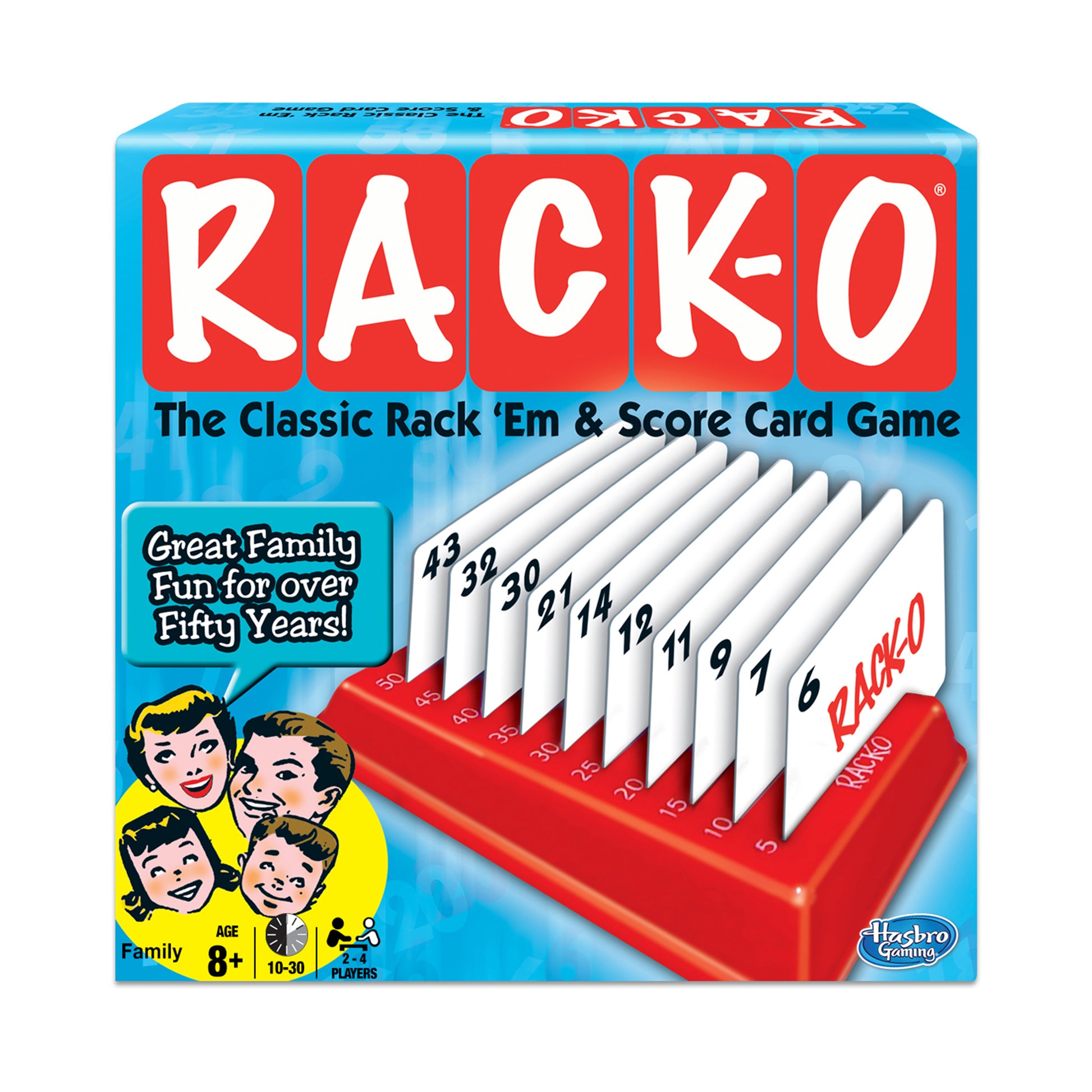 Rack-O Classic Rack 'Em & Score Card Game box showing red game board with numbered cards 1-43 and red rack holder, blue packaging with family of four illustrate