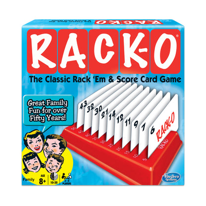 Rack-O Classic Rack 'Em & Score Card Game box showing red game board with numbered cards 1-43 and red rack holder, blue packaging with family of four illustrate