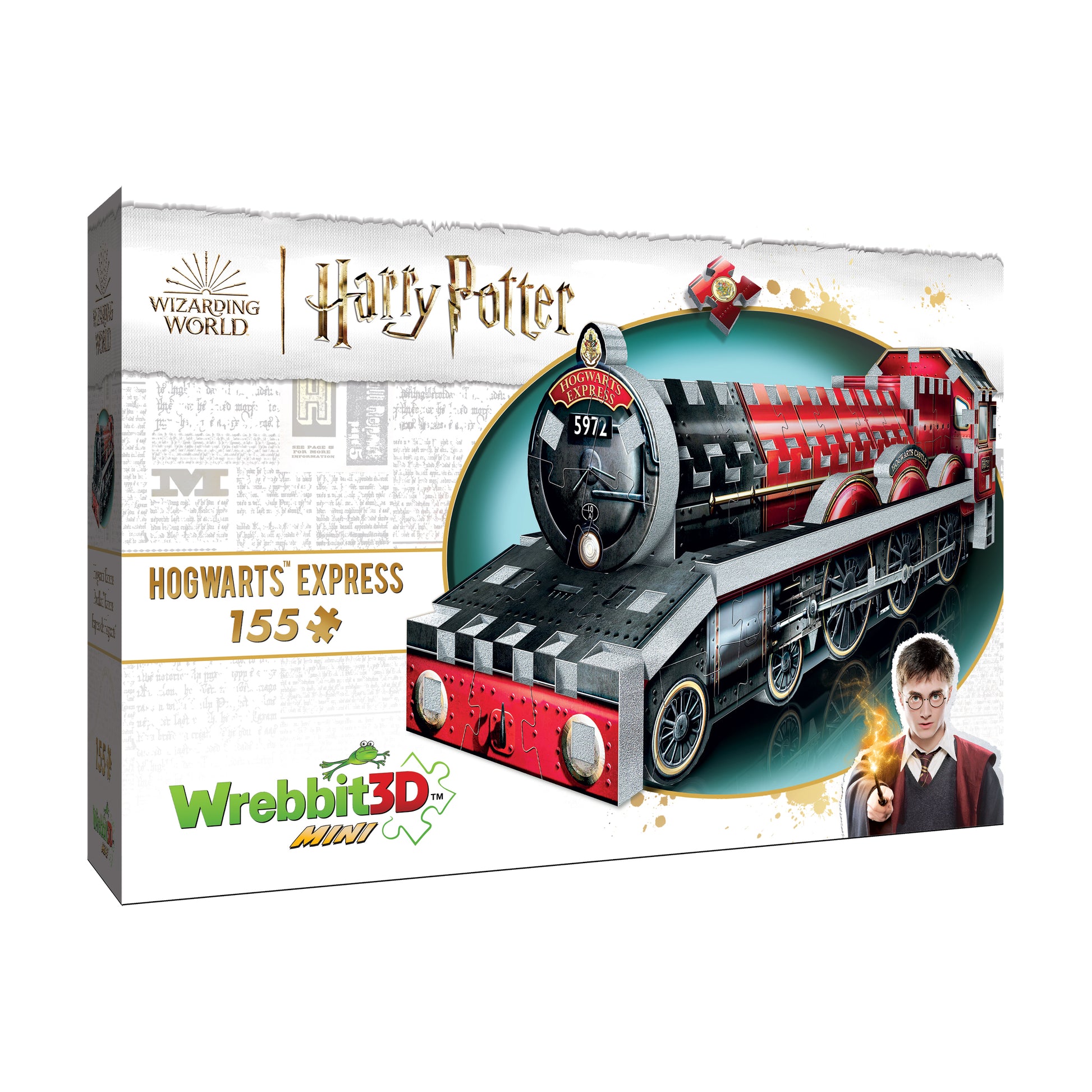 Harry Potter Hogwarts Express Mini 3D Puzzle box featuring a red and black steam locomotive with 155 pieces, Wrebbit 3D Mini branding, and character image