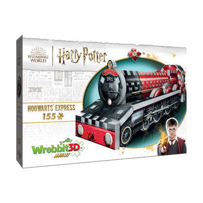 Harry Potter Hogwarts Express Mini 3D Puzzle box featuring a red and black steam locomotive with 155 pieces, Wrebbit 3D Mini branding, and character image
