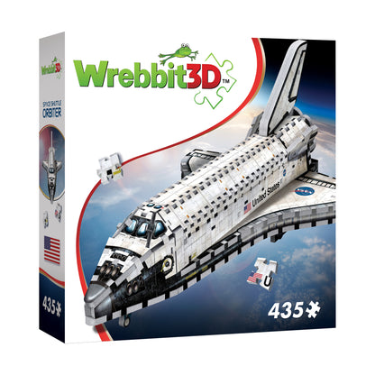 Wrebbit 3D puzzle box featuring NASA Space Shuttle Orbiter with 435 pieces, showing detailed white and black shuttle model against blue sky background