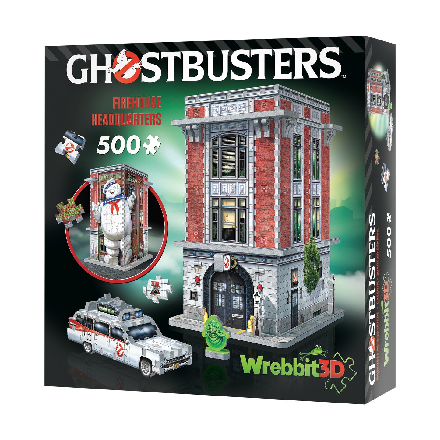 Ghostbusters Firehouse Headquarters 500-piece 3D jigsaw puzzle box showing completed brick firehouse building, Ecto-1 car, Stay Puft Marshmallow Man figure, and