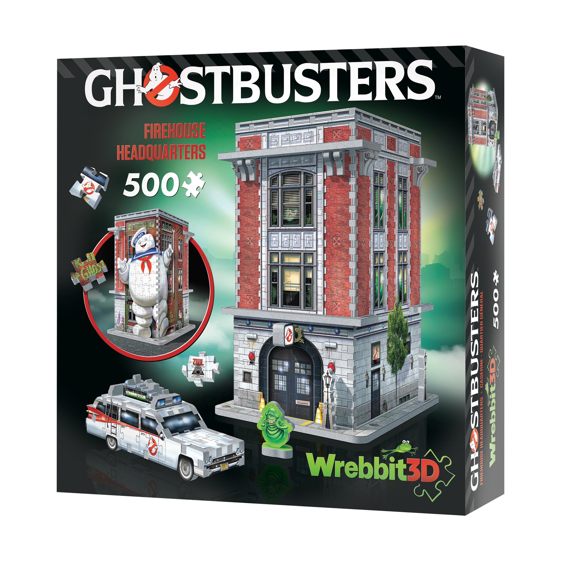 Ghostbusters Firehouse Headquarters 500-piece 3D jigsaw puzzle box showing completed brick firehouse building, Ecto-1 car, Stay Puft Marshmallow Man figure, and