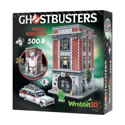Ghostbusters Firehouse Headquarters 500-piece 3D jigsaw puzzle box showing completed brick firehouse building, Ecto-1 car, Stay Puft Marshmallow Man figure, and