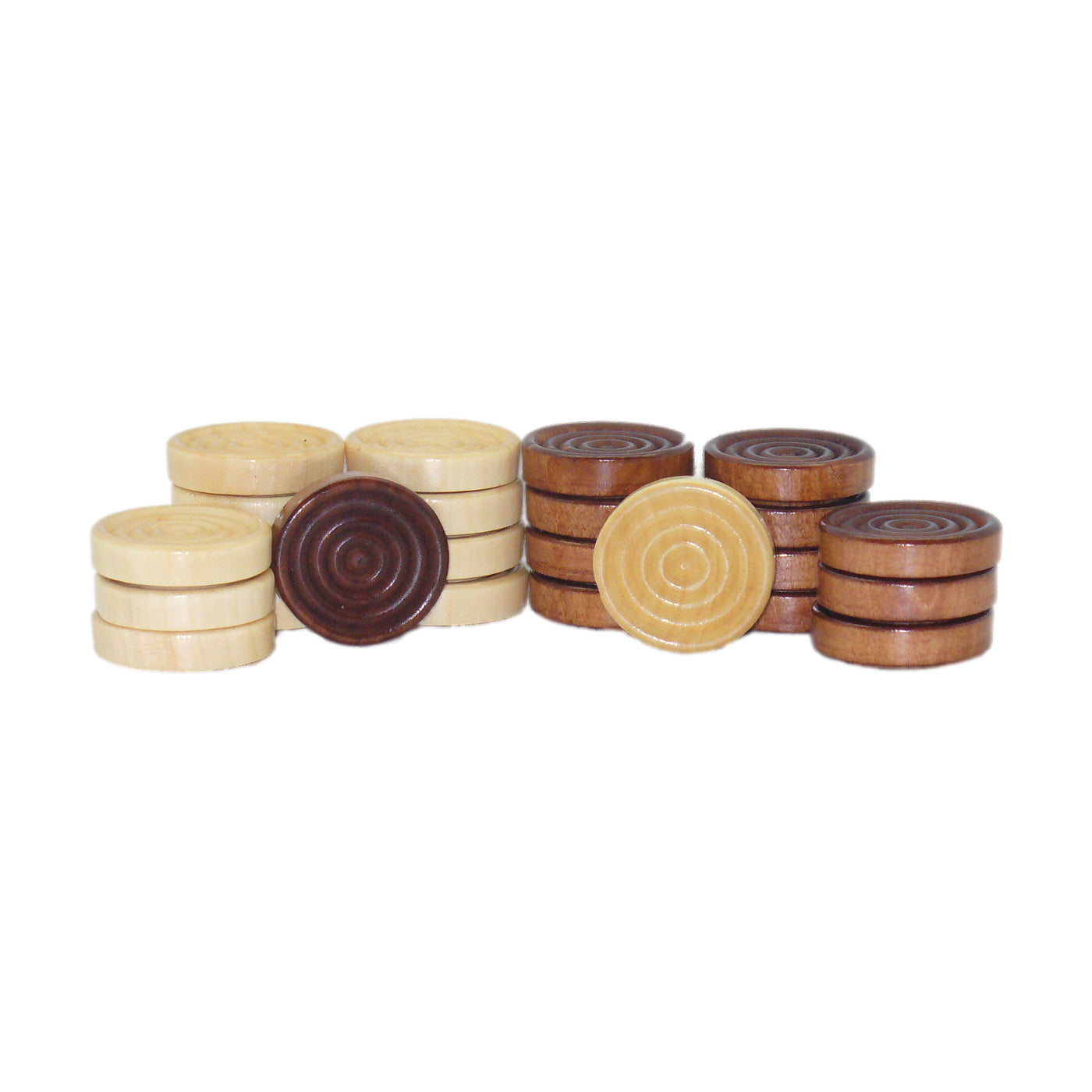 Regal Crown 24-Piece Stackable Wood Checkers Set with light natural and dark brown wooden pieces arranged in stacks on white background