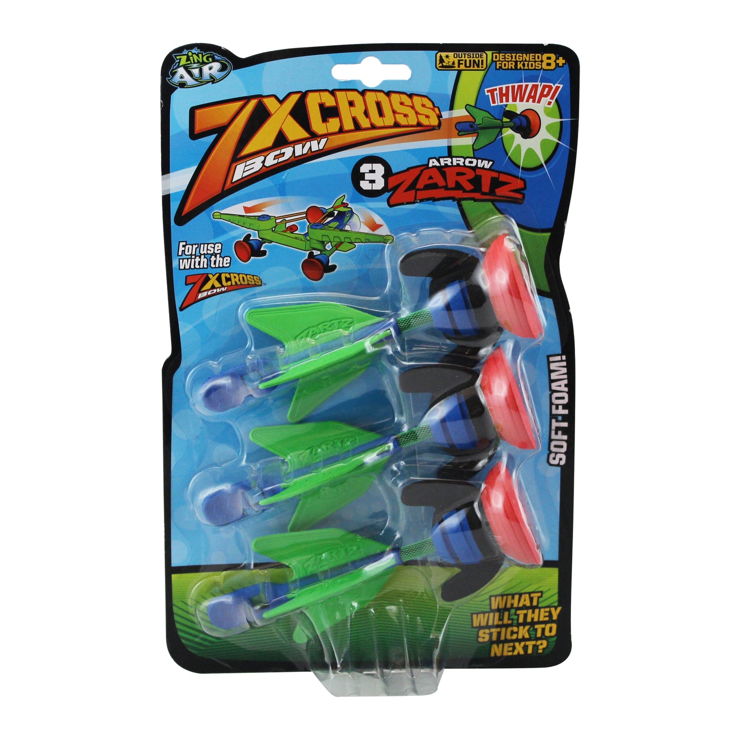 Zing Air 7x Crossbow arrow refill kit with 3 soft-foam arrows, green and blue design, on packaging card