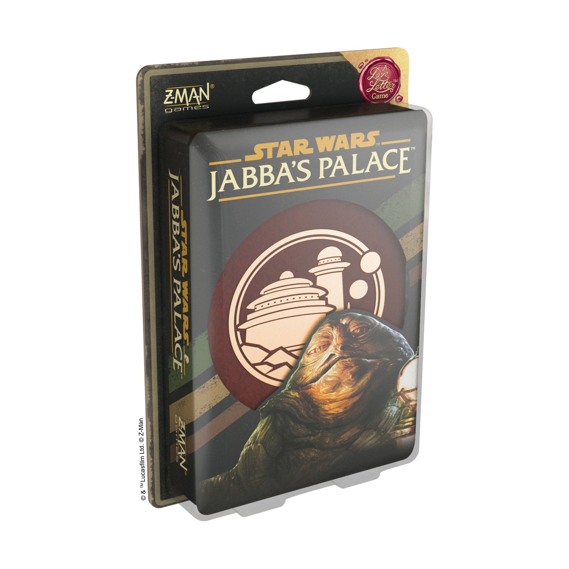 Star Wars Jabba's Palace board game box by Z-Man Games, featuring Jabba the Hutt illustration and palace icon on packaging