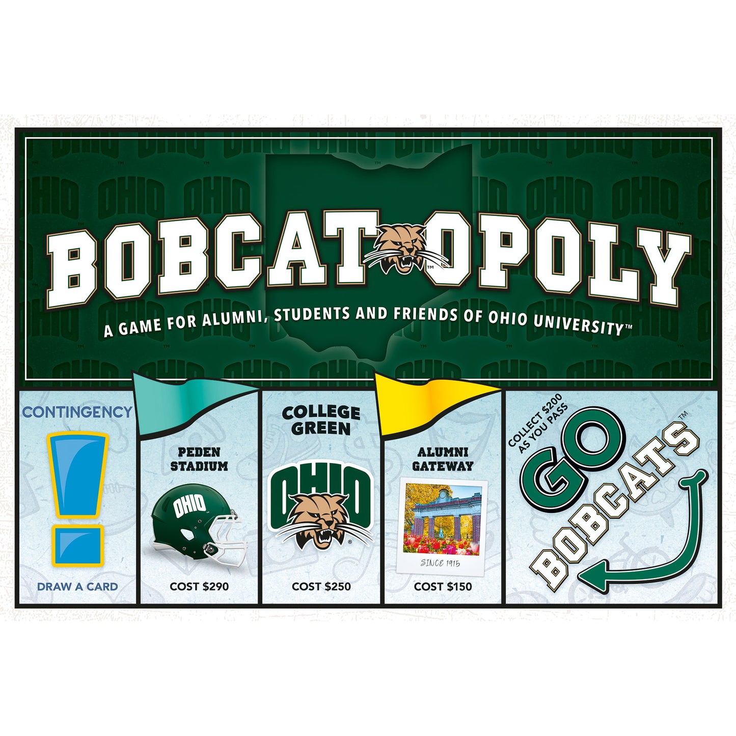 Bobcat-Opoly Ohio University board game box showing green design with bobcat logo and game spaces