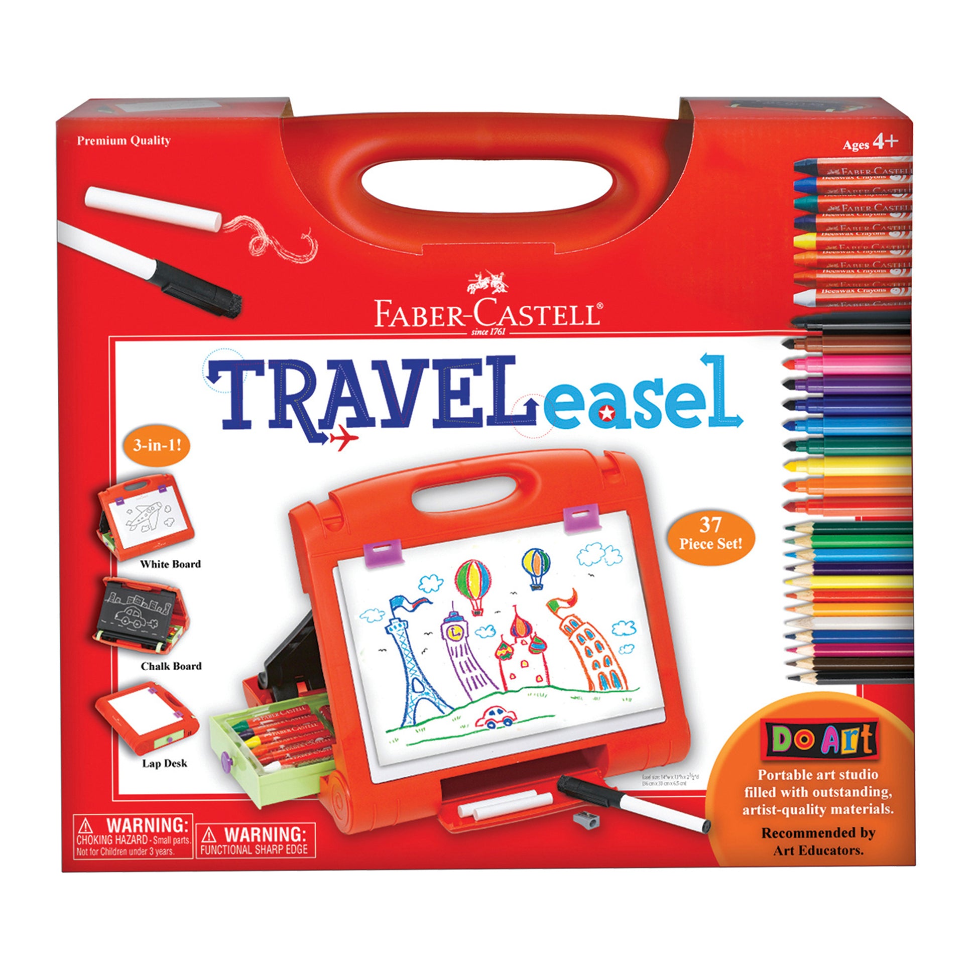 Faber-Castell Do Art Travel Easel art kit with 37-piece set including colored pencils, markers, and interchangeable white board and chalk board surfaces, modele