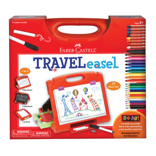 Faber-Castell Do Art Travel Easel art kit with 37-piece set including colored pencils, markers, and interchangeable white board and chalk board surfaces, modele