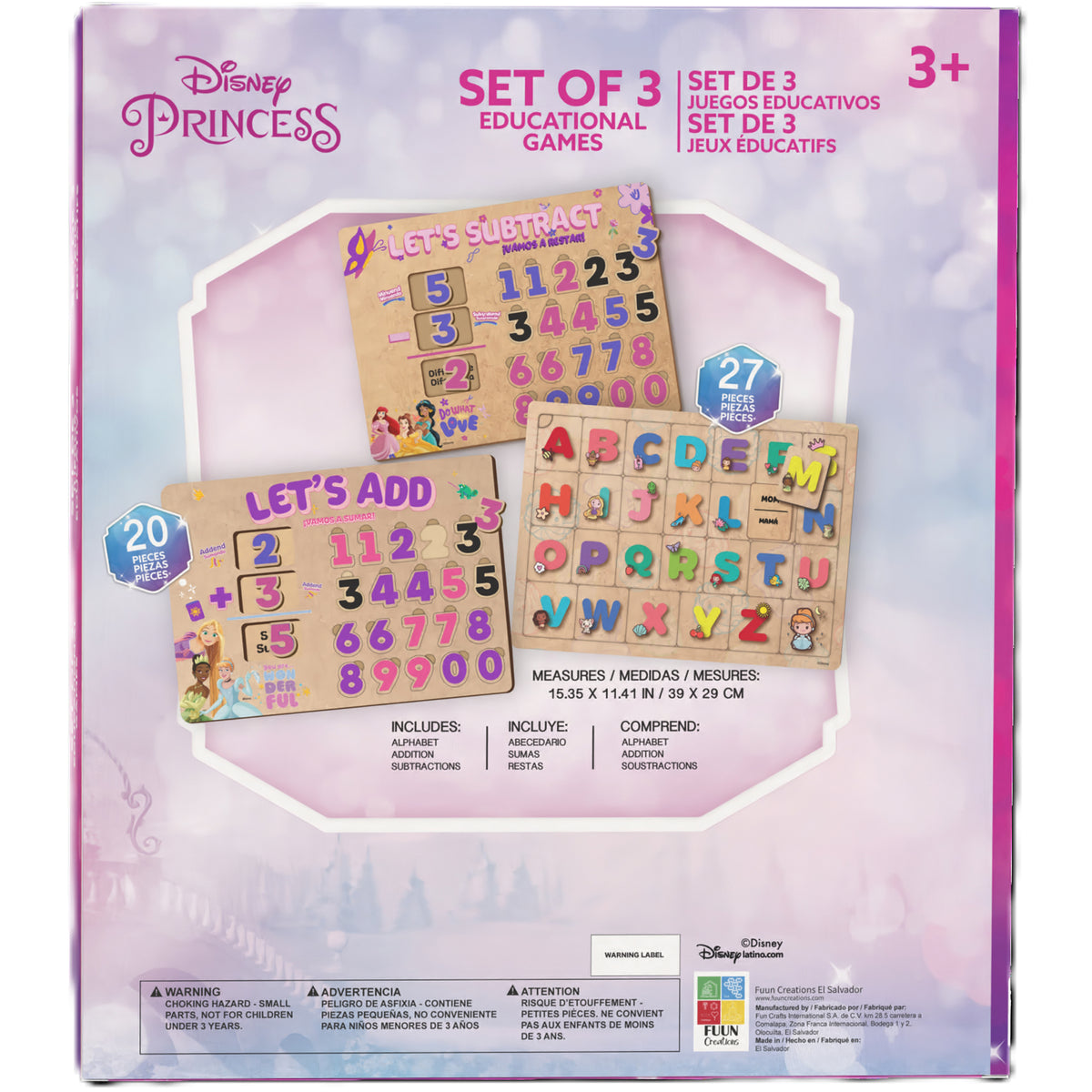 Disney Princess Set of 3 Educational Games with alphabet, addition, and subtraction activities