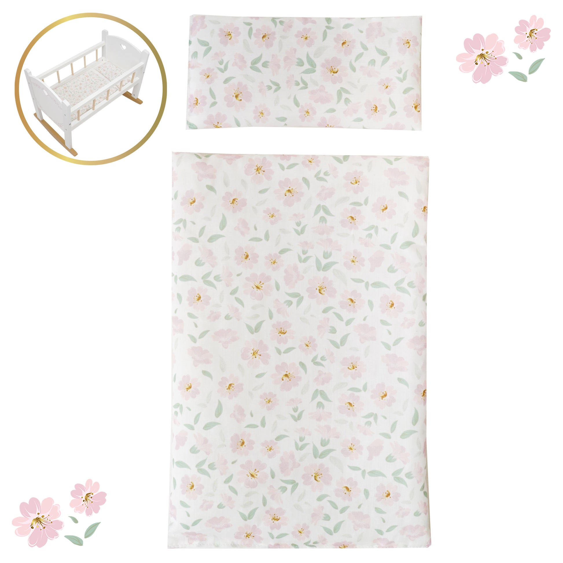Little Flora Wooden Doll Cradle with pink floral bedding set