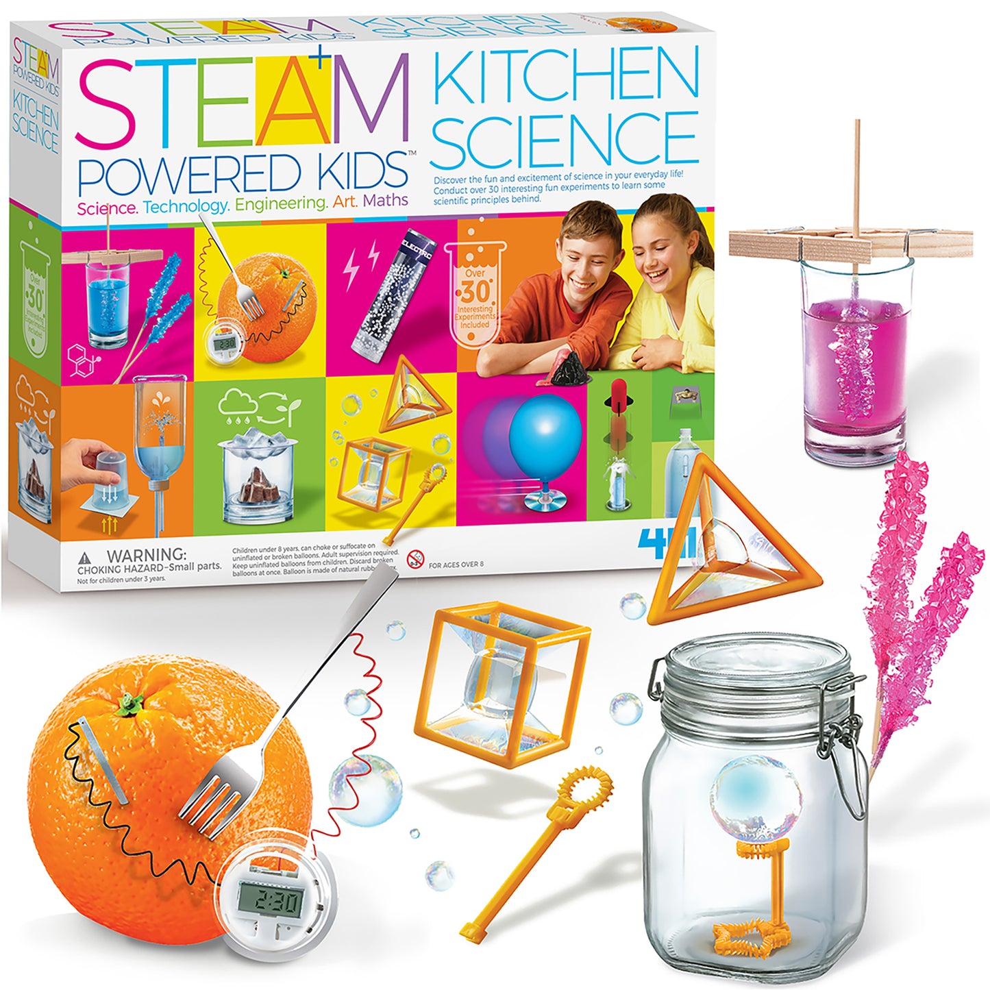 STEAM Powered Kidz Kitchen Science kit with colorful experiments including crystal growing jar and orange citrus circuit