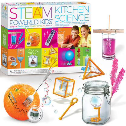 STEAM Powered Kidz Kitchen Science kit with colorful experiments including crystal growing jar and orange citrus circuit