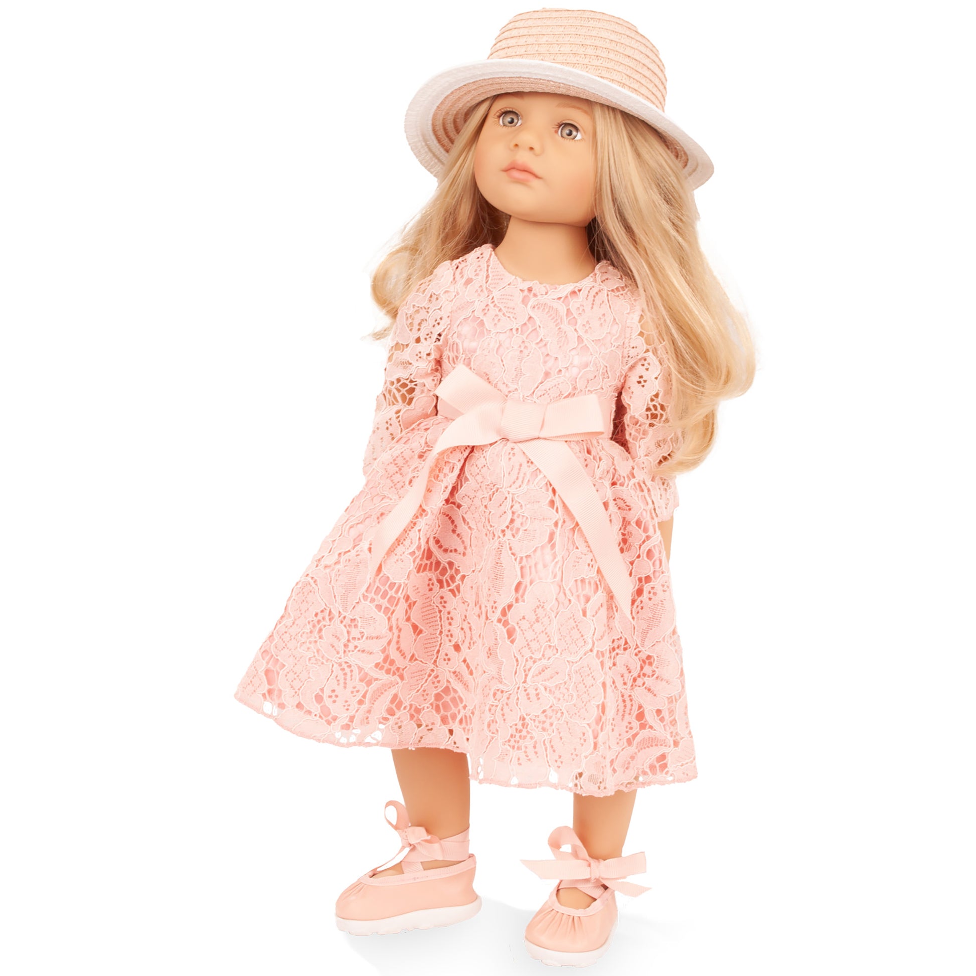 Gotz Happy Kidz Ella 19.5 inch poseable doll with blonde hair, pink lace dress and straw hat