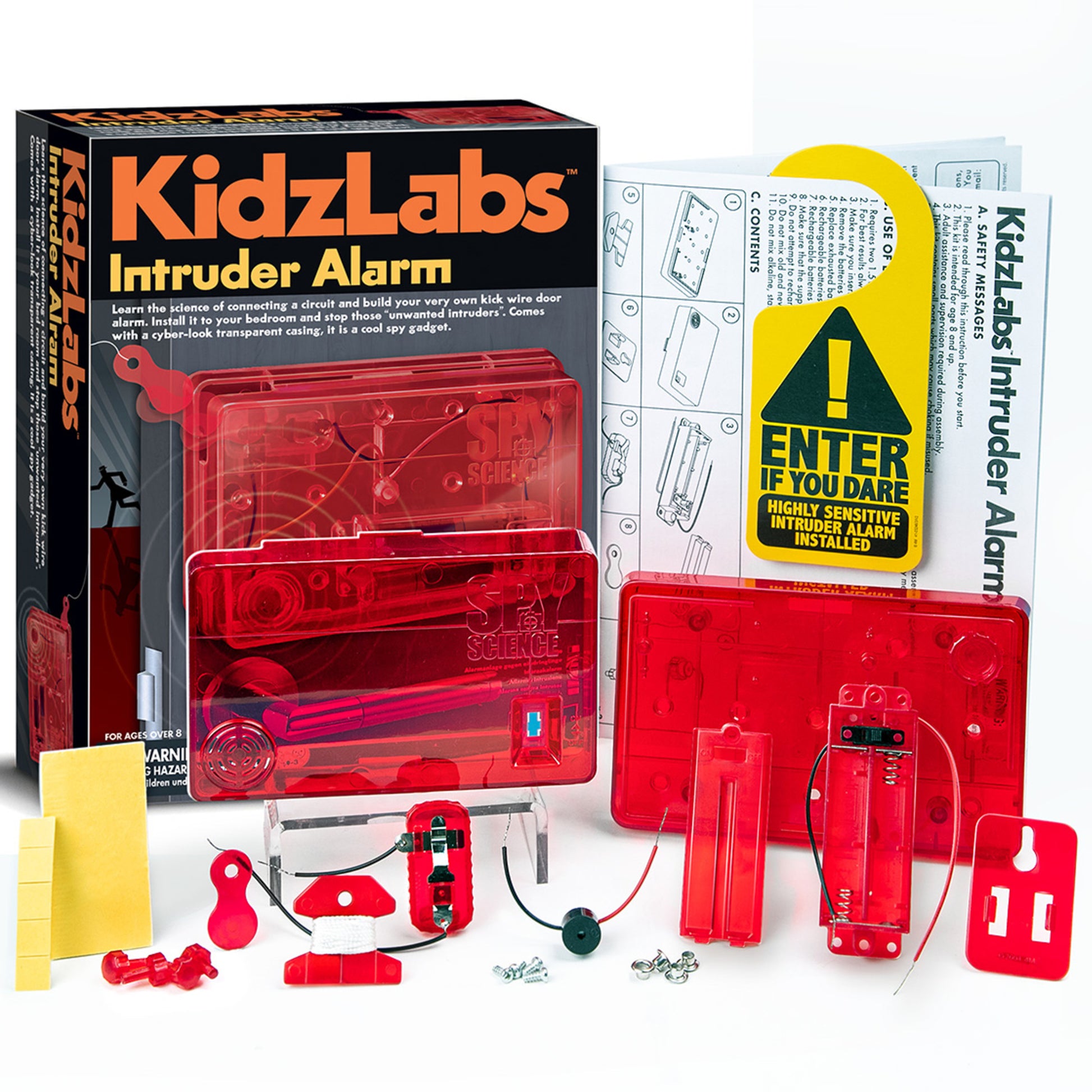 KidzLabs Intruder Alarm red DIY security kit with circuit components and instruction manual