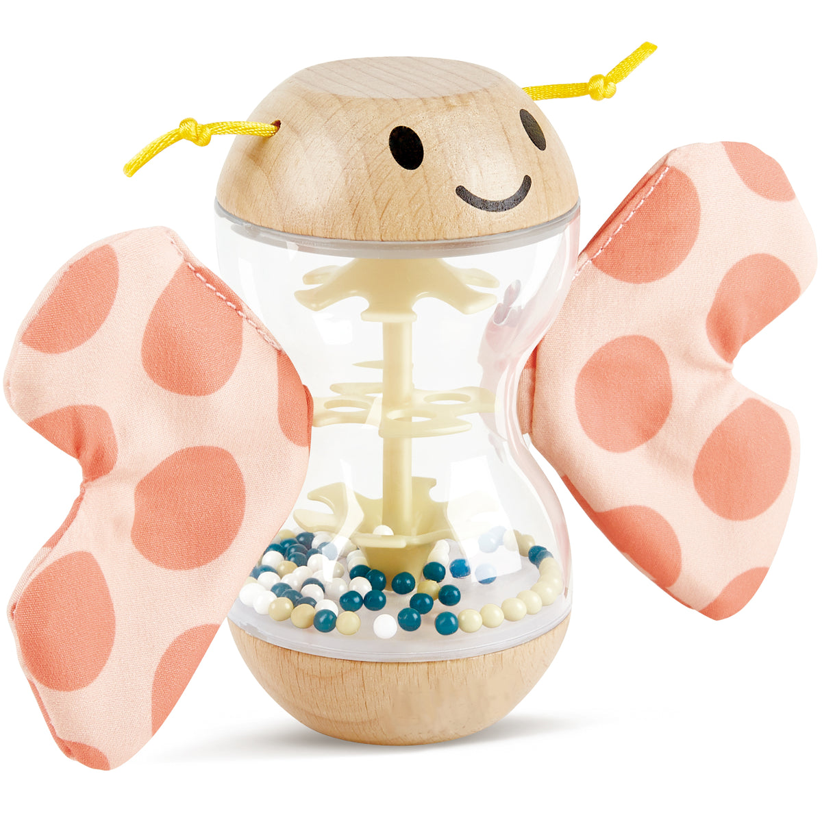 Butterfly Rainmaker Robert wooden toy with coral polka dot wings and bead shaker