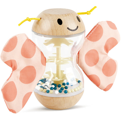 Butterfly Rainmaker Robert wooden toy with coral polka dot wings and bead shaker