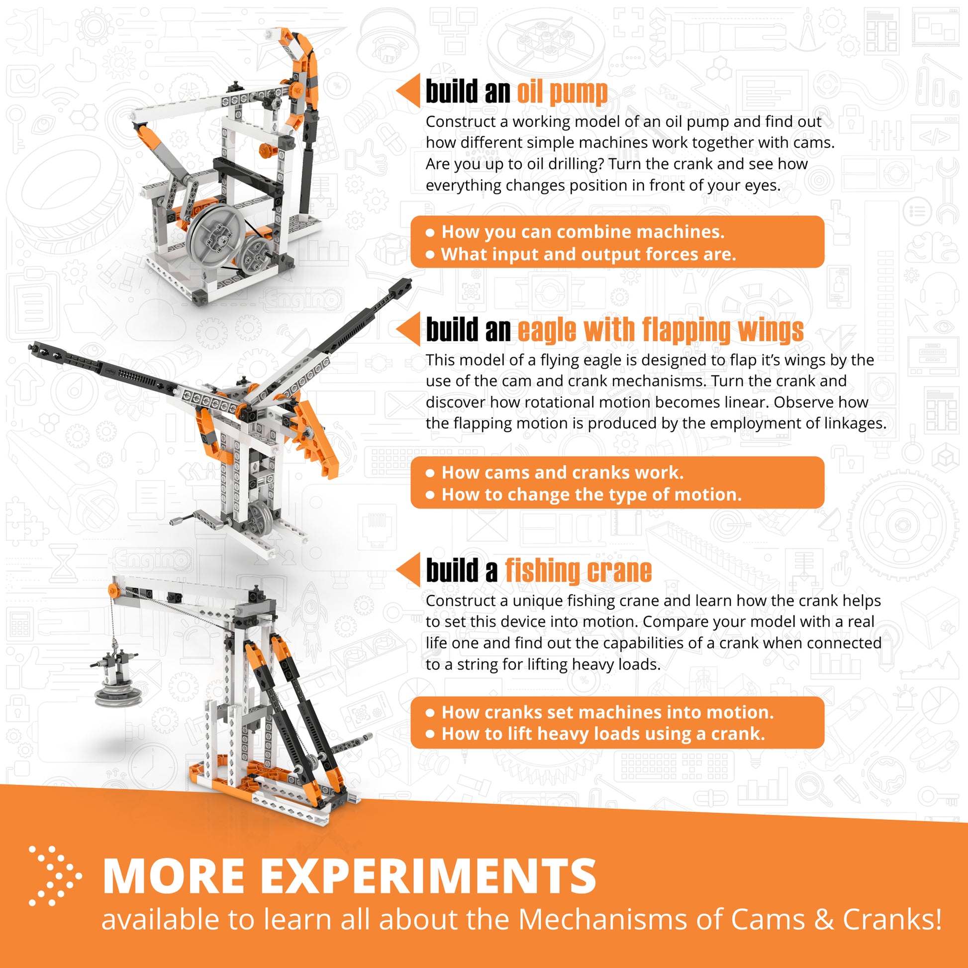 Engino Discovering STEM Mechanics: Cams & Cranks 8-Model Building Set with orange and black pieces