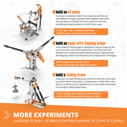 Engino Discovering STEM Mechanics: Cams & Cranks 8-Model Building Set with orange and black pieces