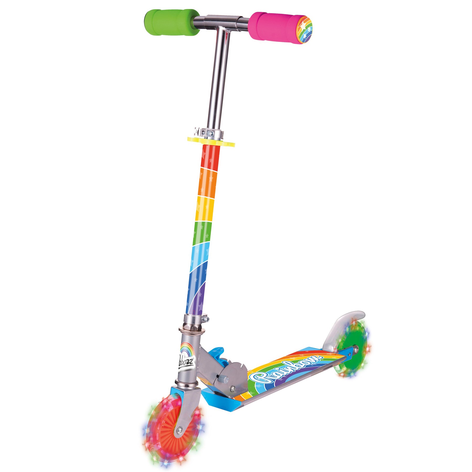 Rainbow-striped scooter with light-up wheels, green and pink handlebar grips, and colorful deck on plain background
