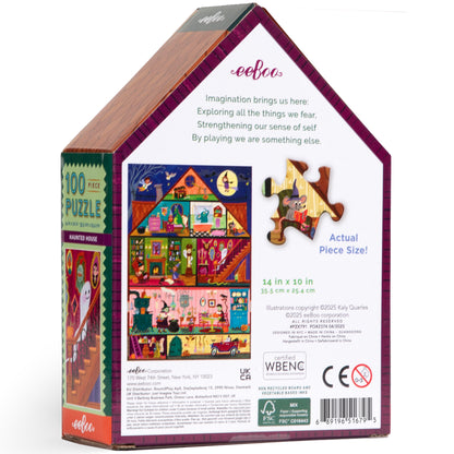 eeBoo Haunted House 100 Piece Puzzle box showing colorful illustrated haunted house with purple, red, and green details