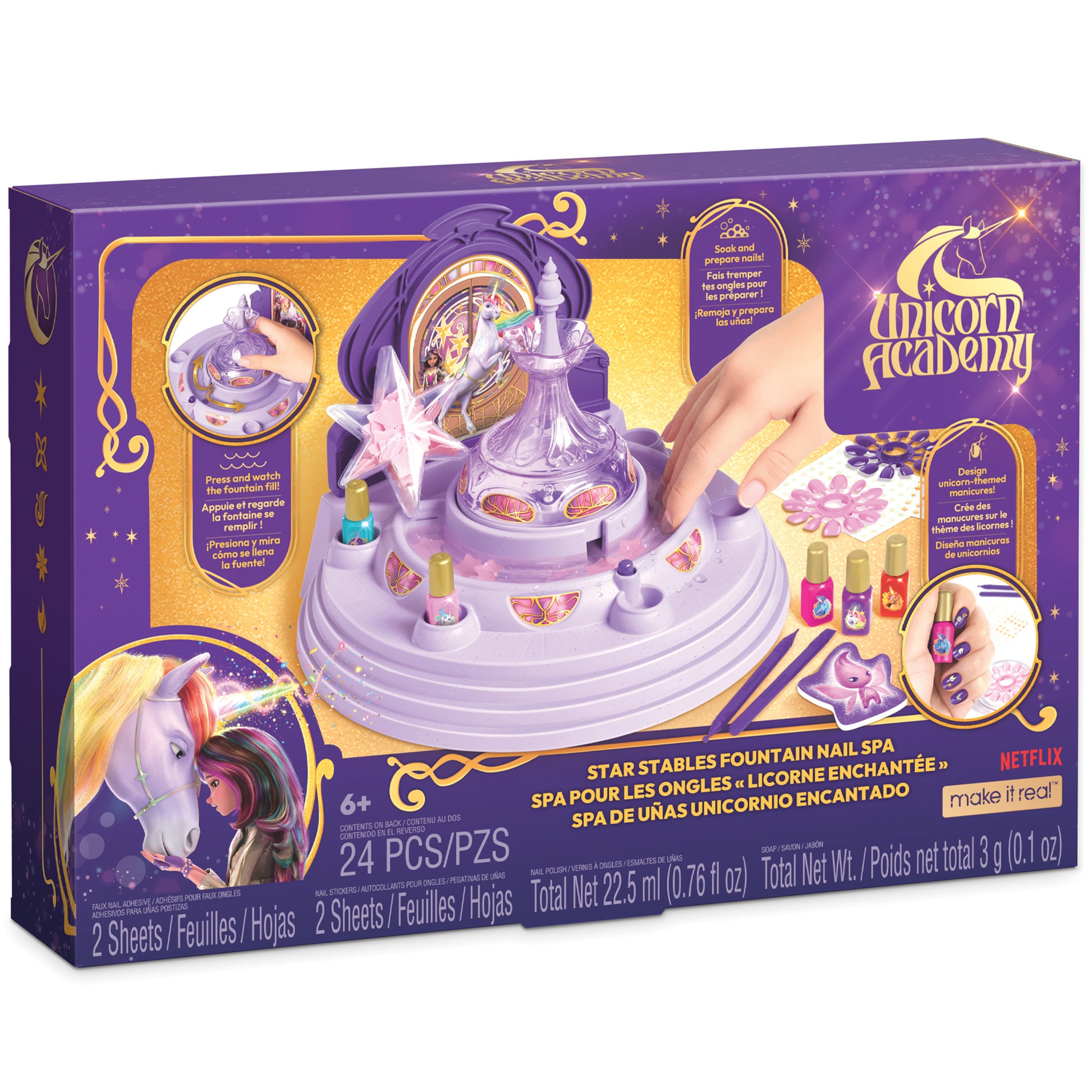 Star Stables Fountain Nail Spa Kit with purple tiered fountain, nail polish bottles, nail decals, and unicorn-themed manicure accessories on packaging