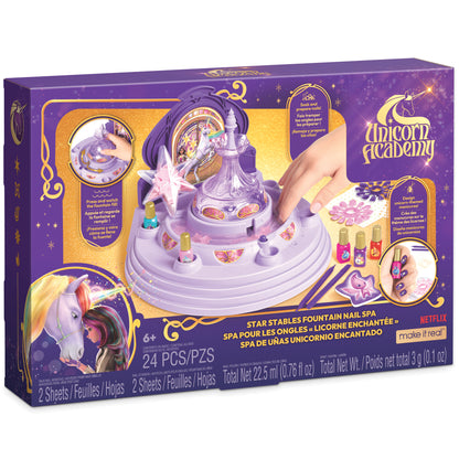 Star Stables Fountain Nail Spa Kit with purple tiered fountain, nail polish bottles, nail decals, and unicorn-themed manicure accessories on packaging