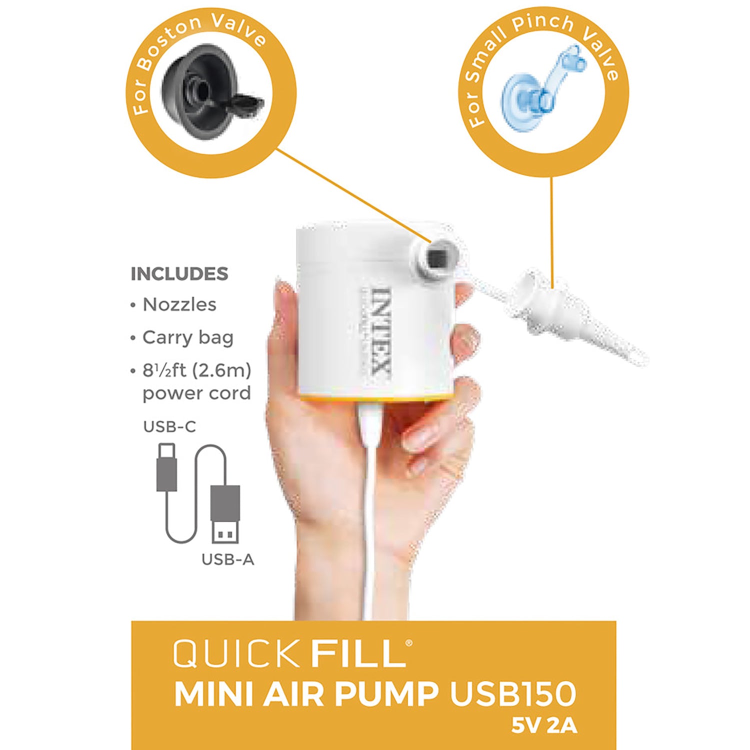 Quick-Fill Mini Air Pump USB150 white electric pump with Boston valve and pinch valve