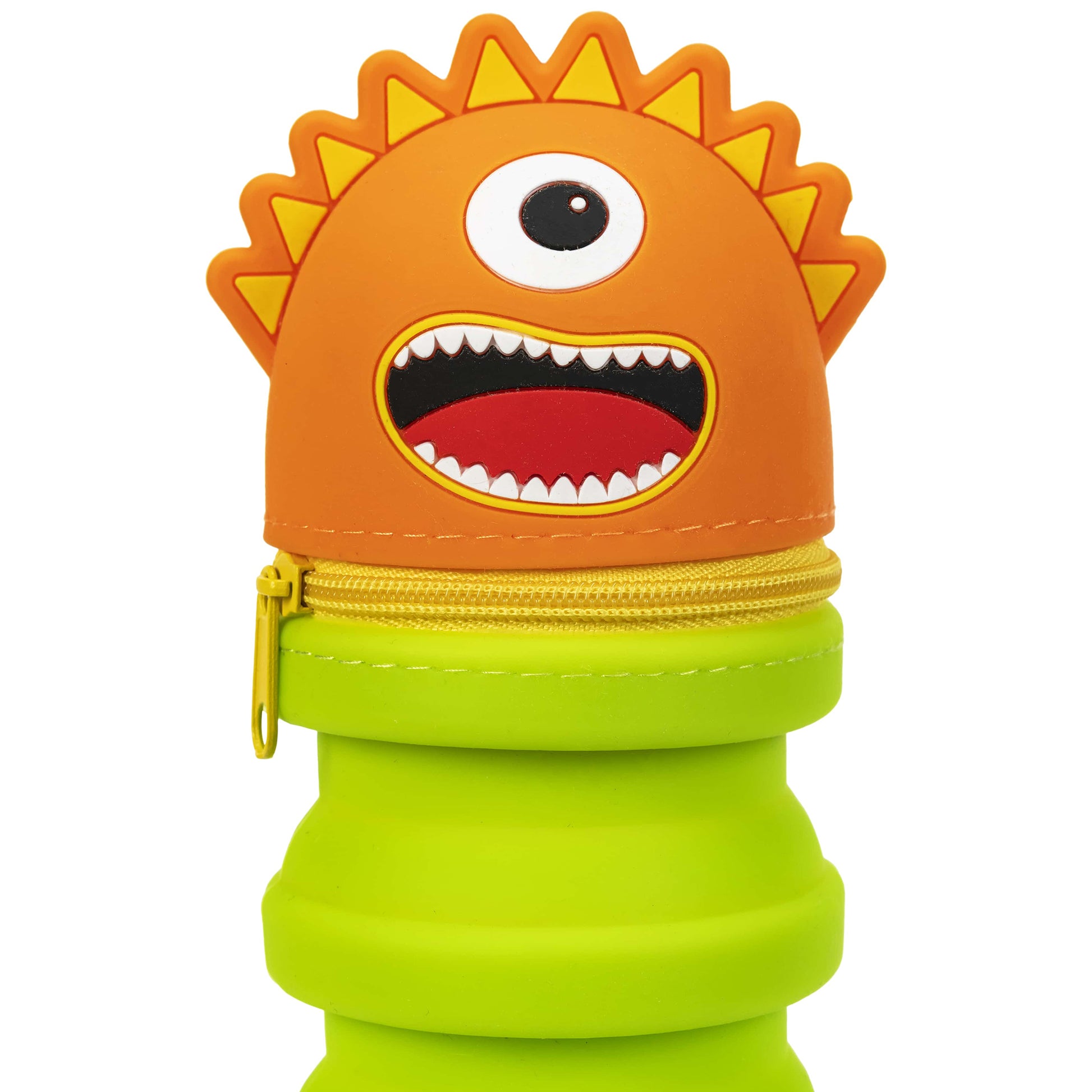 Monster Retractable Silicone Pencil Case with orange spiky head and lime green body