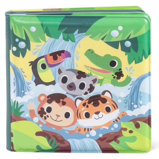 Colorful waterproof bath book with illustrated jungle animals including a toucan, crocodile, monkey, and tiger in a stream surrounded by green foliage and water