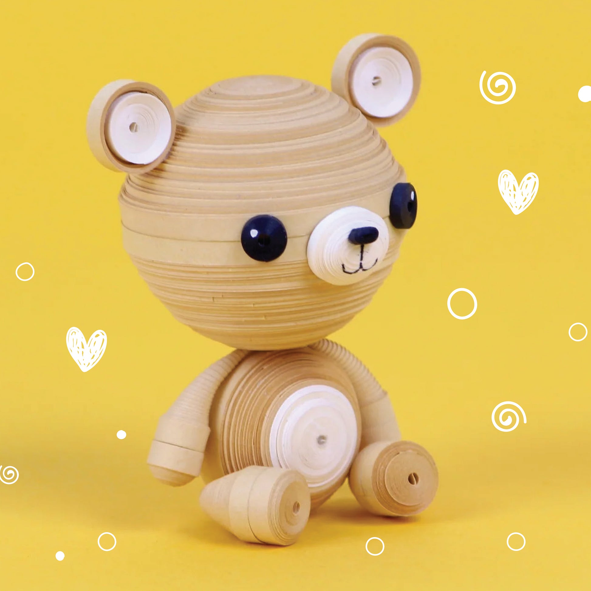 Craft Maker Too Cute Quilling Mini Friends wooden bear toy with black eyes on yellow background