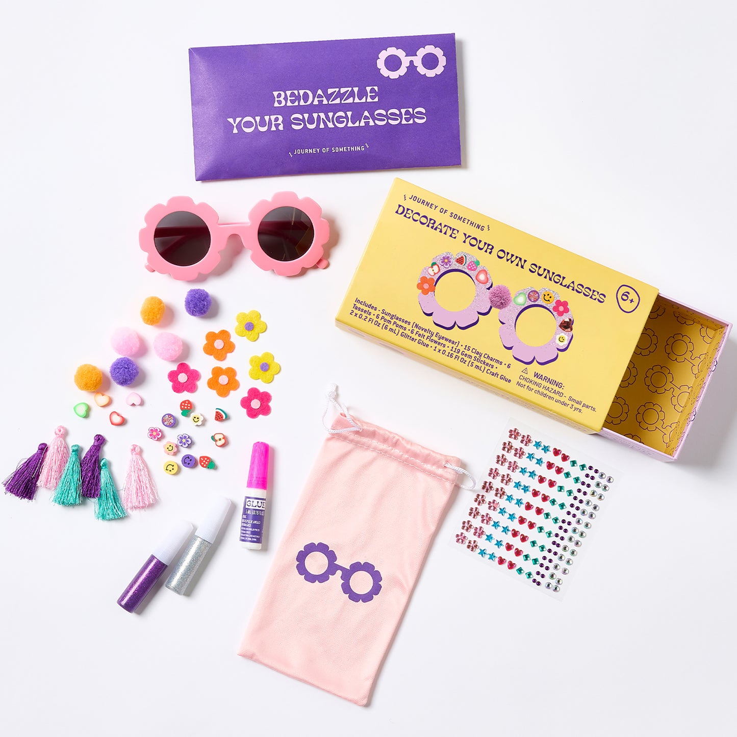 JOS Decorate Your Own Sunglasses Flower craft kit with pink flower sunglasses, beads, and stickers