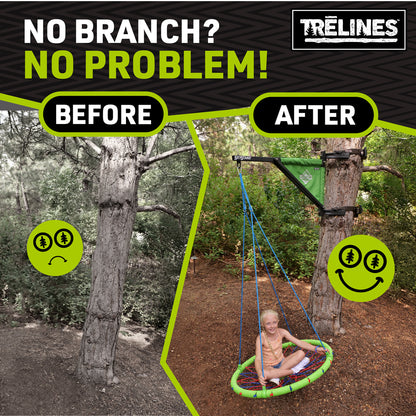 Trelines SkyStand Swing Support with green frame hanging from tree branch