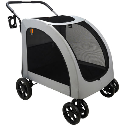 My Duque Chester grey pet stroller with mesh windows and black wheels for dogs up to 110lbs