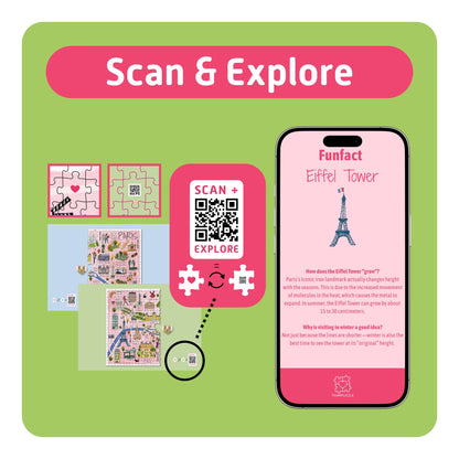 TEAMPUZZLE Paris 1000pc puzzle with green box, pink QR code scanner, and Eiffel Tower phone display