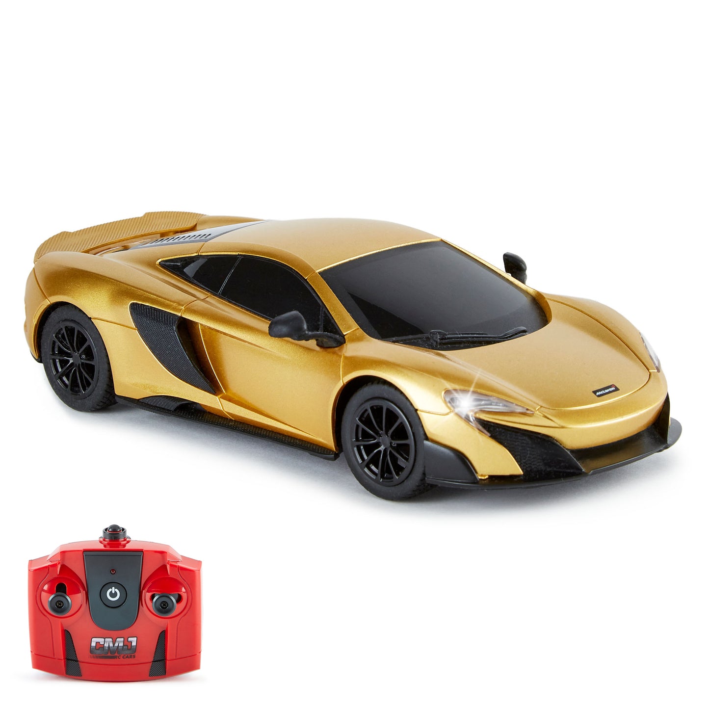 Gold metallic remote control sports car with black accents and LED headlights, shown with red remote control featuring three joysticks