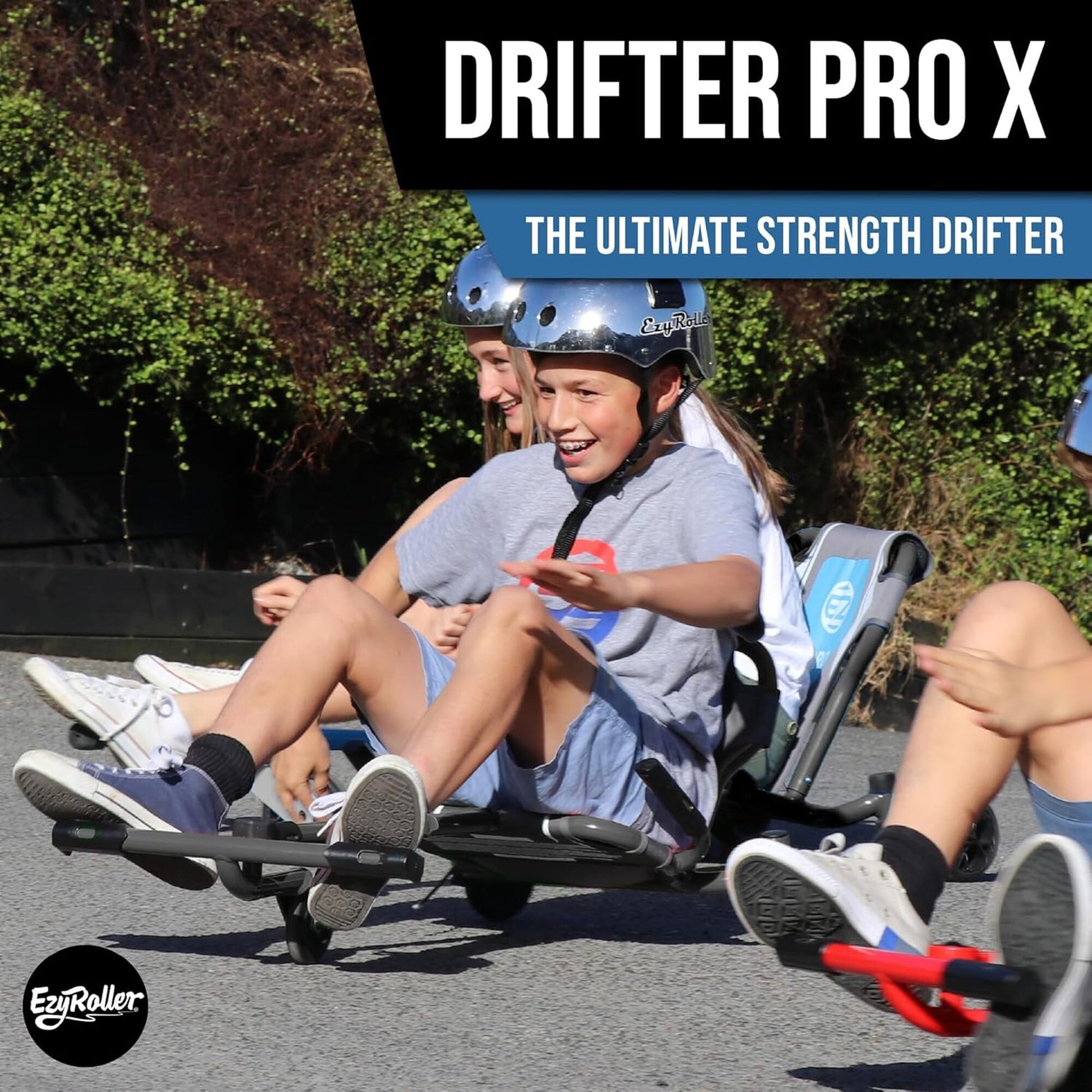 EzyRoller Drifter Pro X blue helmet drifting trike with kids