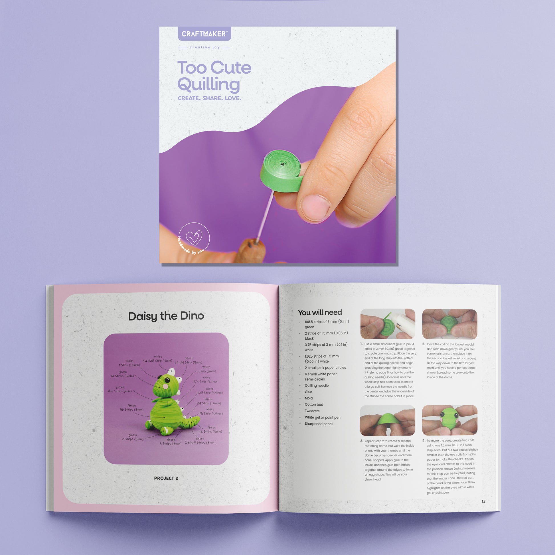 Craft Maker Too Cute Quilling Mini Friends kit with green quilling tool and purple dinosaur project