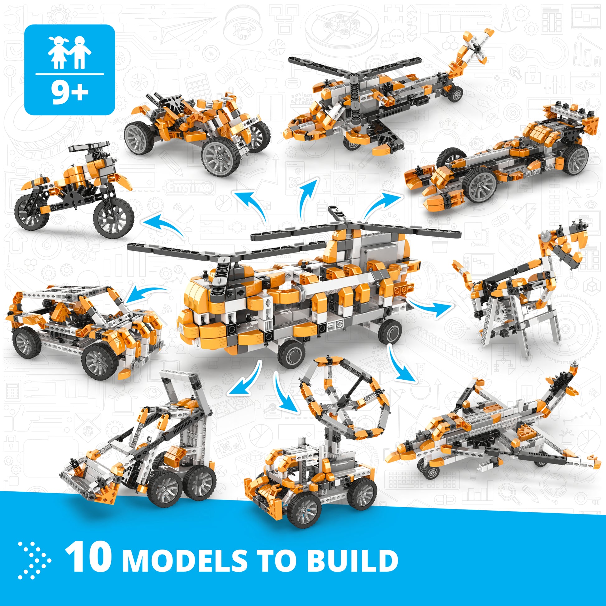 Engino Inventor Motorized 10-in-1 building set with orange and black brick models including helicopter, vehicles, and...