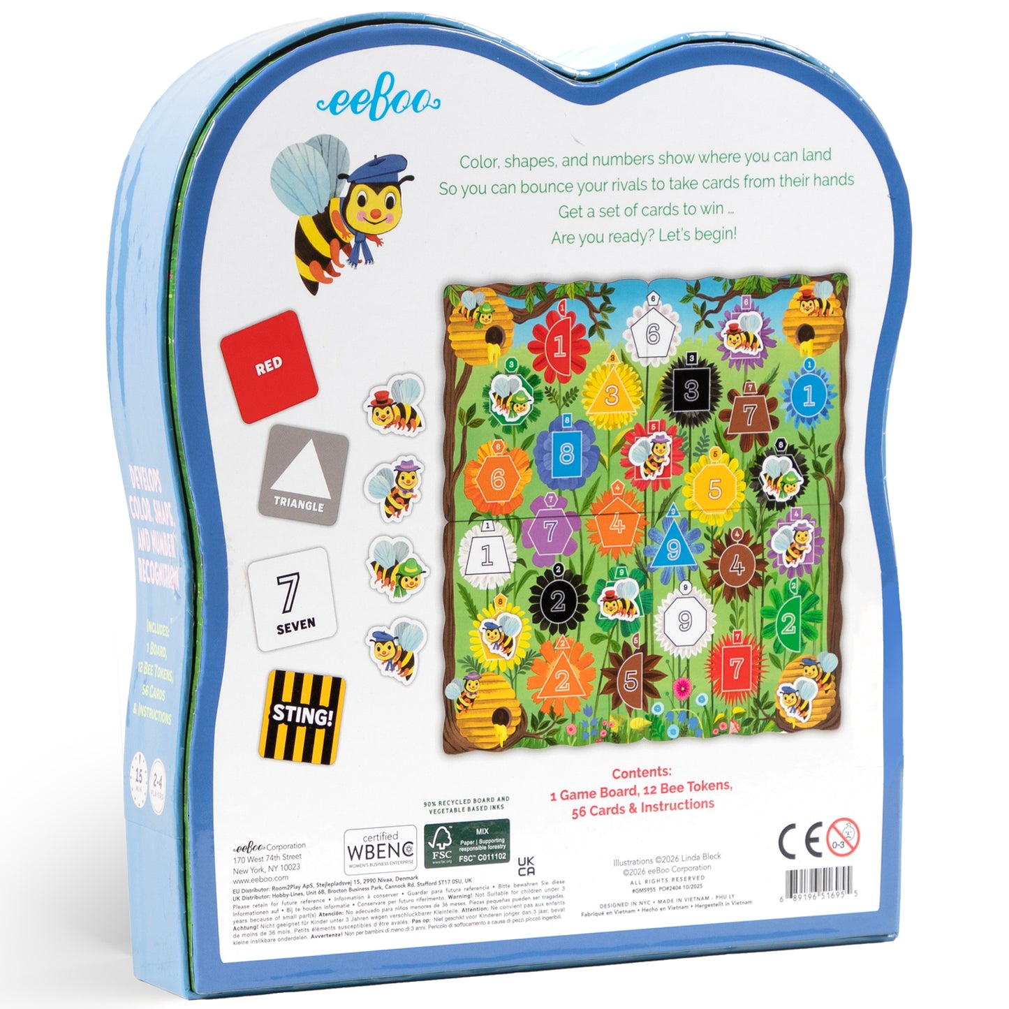 eeBoo Bouncy Bees game board with colorful flowers, bee tokens, and cards in packaging