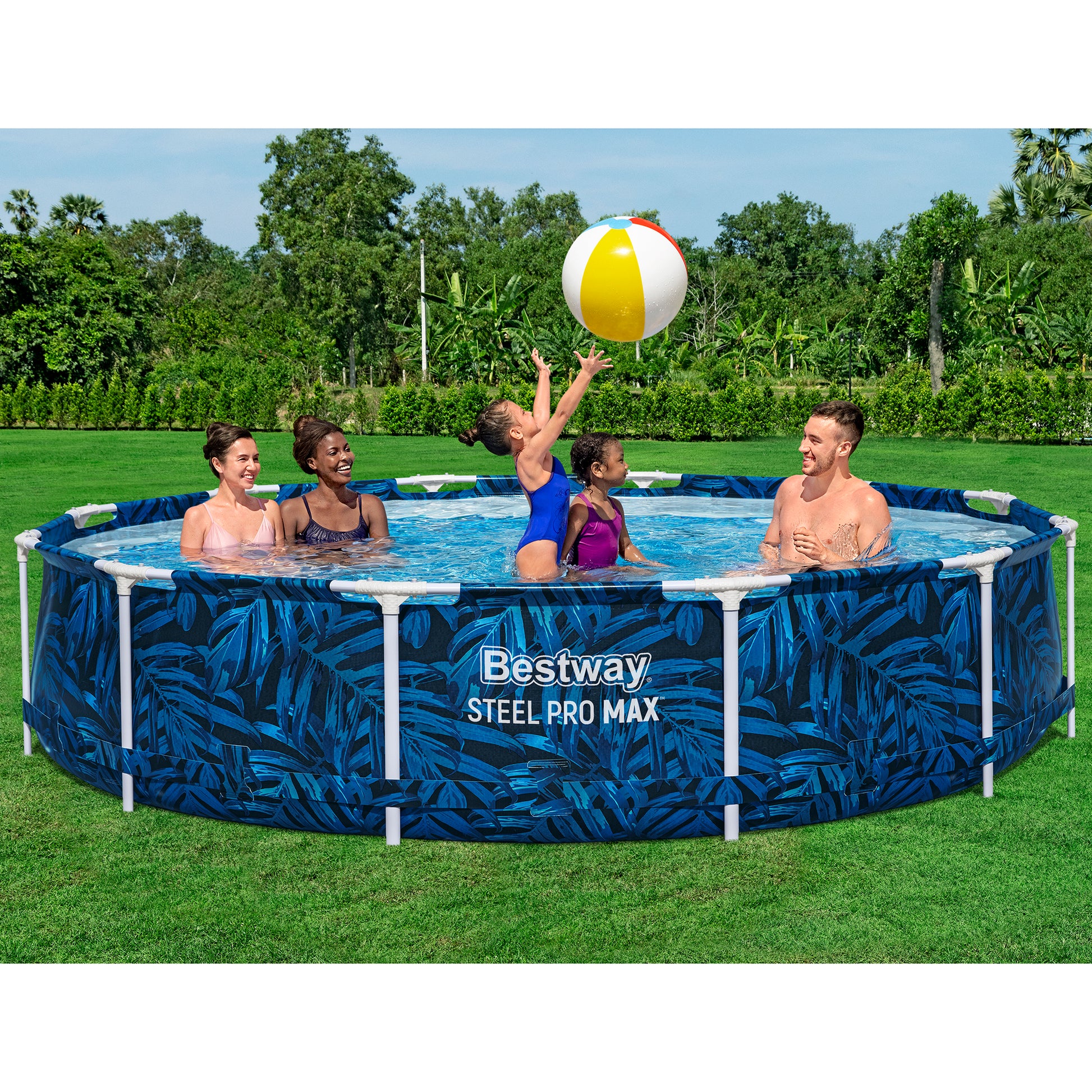 Bestway Steel Pro MAX 12'x30" tropical blue pool set with five people playing with beach ball